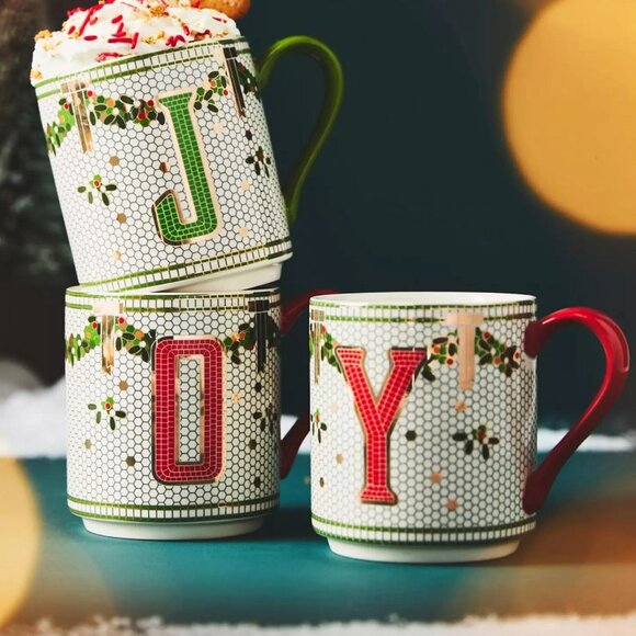 Anthropologie Festive Bistro Tile Stoneware Monogram Mug Letter A Paris Cafe New - Picture 4 of 4